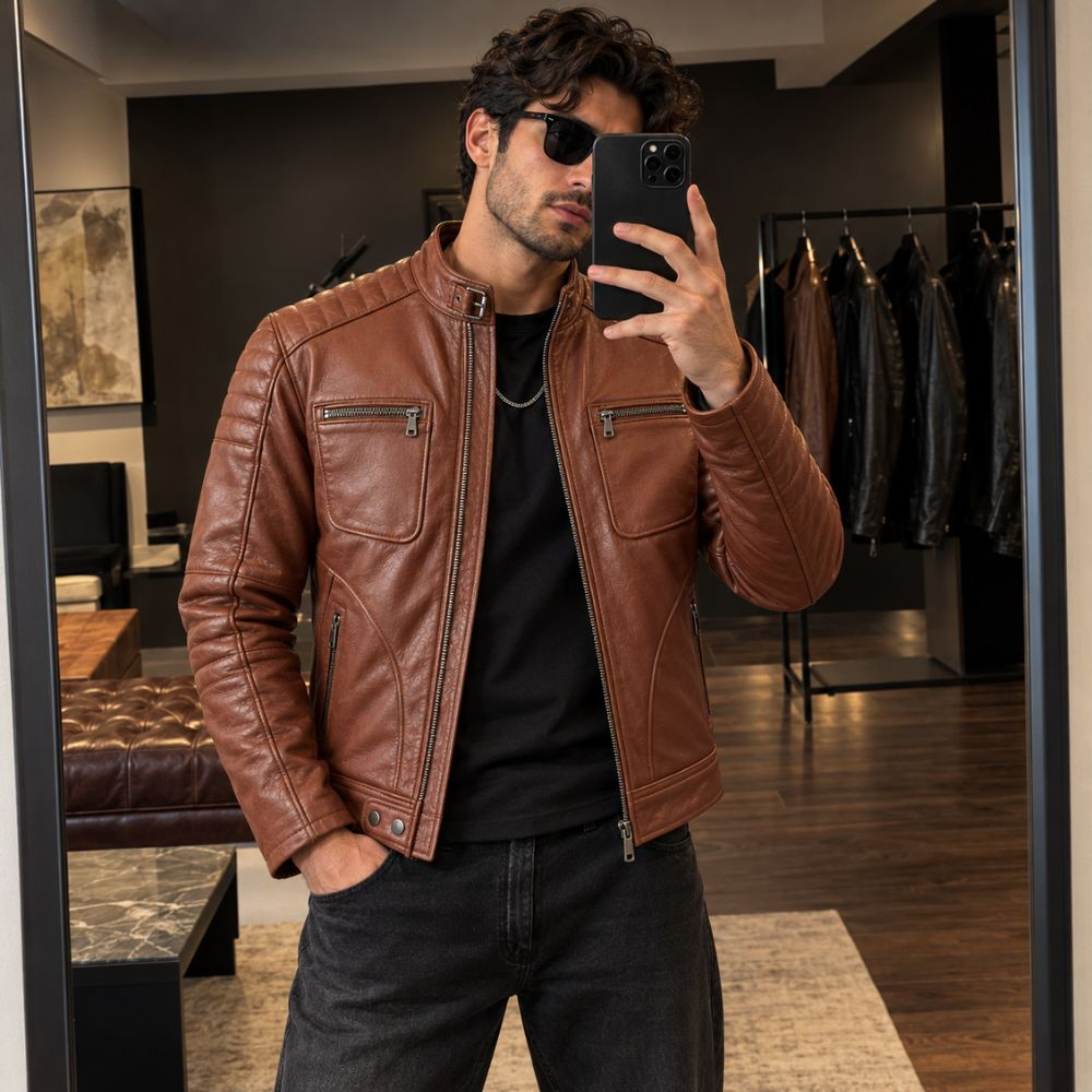 Men’s Brown Leather Motorcycle Jacket Biker Style Jacket