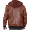 Men’s Brown Leather Bomber Jacket with Removable Hood