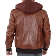 Men’s Brown Leather Bomber Jacket with Removable Hood