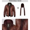 Men’s Brown Leather Bomber Jacket with Removable Hood
