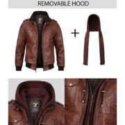 Men’s Brown Leather Bomber Jacket with Removable Hood