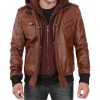 Men’s Brown Leather Bomber Jacket with Removable Hood