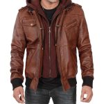 Men’s Brown Leather Bomber Jacket with Removable Hood