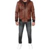 Men’s Brown Leather Bomber Jacket with Removable Hood