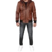 Men’s Brown Leather Bomber Jacket with Removable Hood