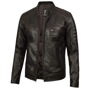1 Mens Distressed Dark Brown Cafe Racer Real Leather Jacket min - Men's Cafe Racer Brown Leather Jacket – Distressed Brown Jacket