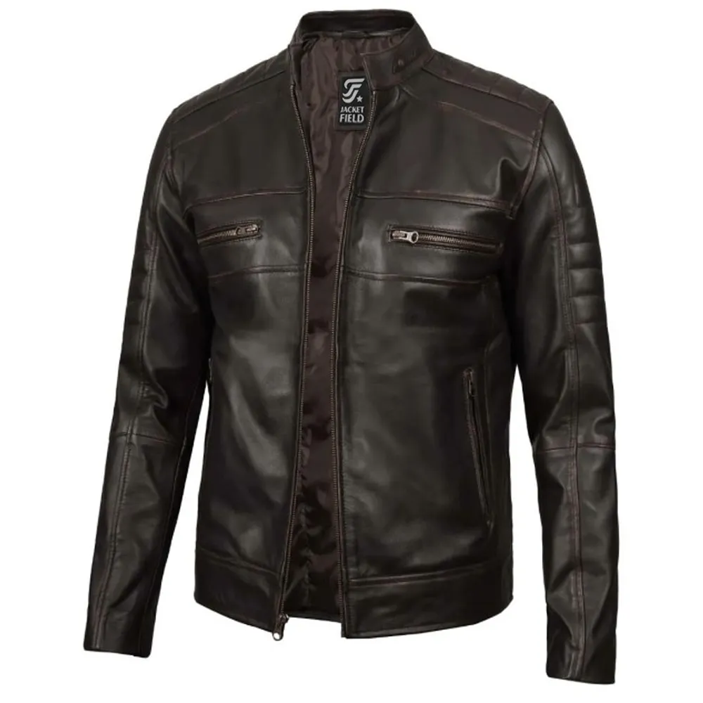 Men's Distressed Cafe Racer Brown Leather Jacket