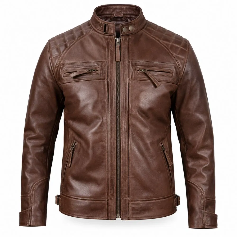 Chocolate Brown Cafe Racer Leather Jacket for Men