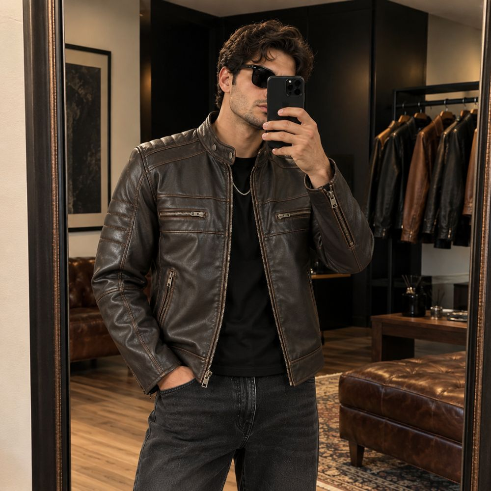Men’s Cafe Racer Brown Leather Jacket – Distressed Brown Jacket