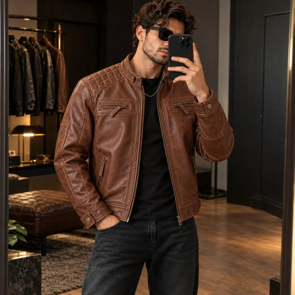 Chocolate Brown Cafe Racer Leather Jacket for Men