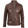 Chocolate Brown Men's Cafe Racer Leather Jacket – Front View