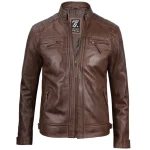Chocolate Brown Men's Cafe Racer Leather Jacket – Front View