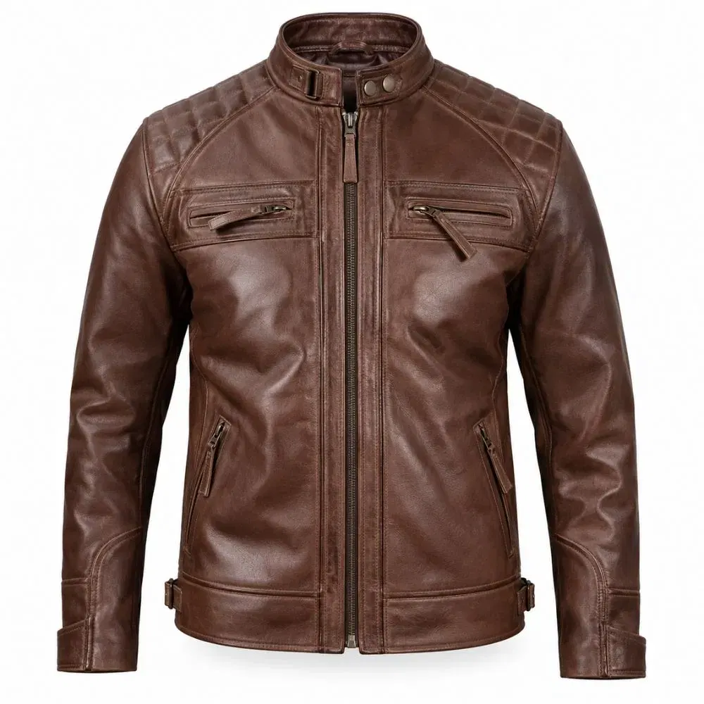 Chocolate Brown Cafe Racer Leather Jacket for Men