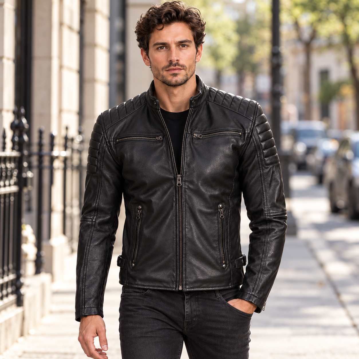Padded Style Black Cafe Racer Leather Jacket for Men – Real Lambskin