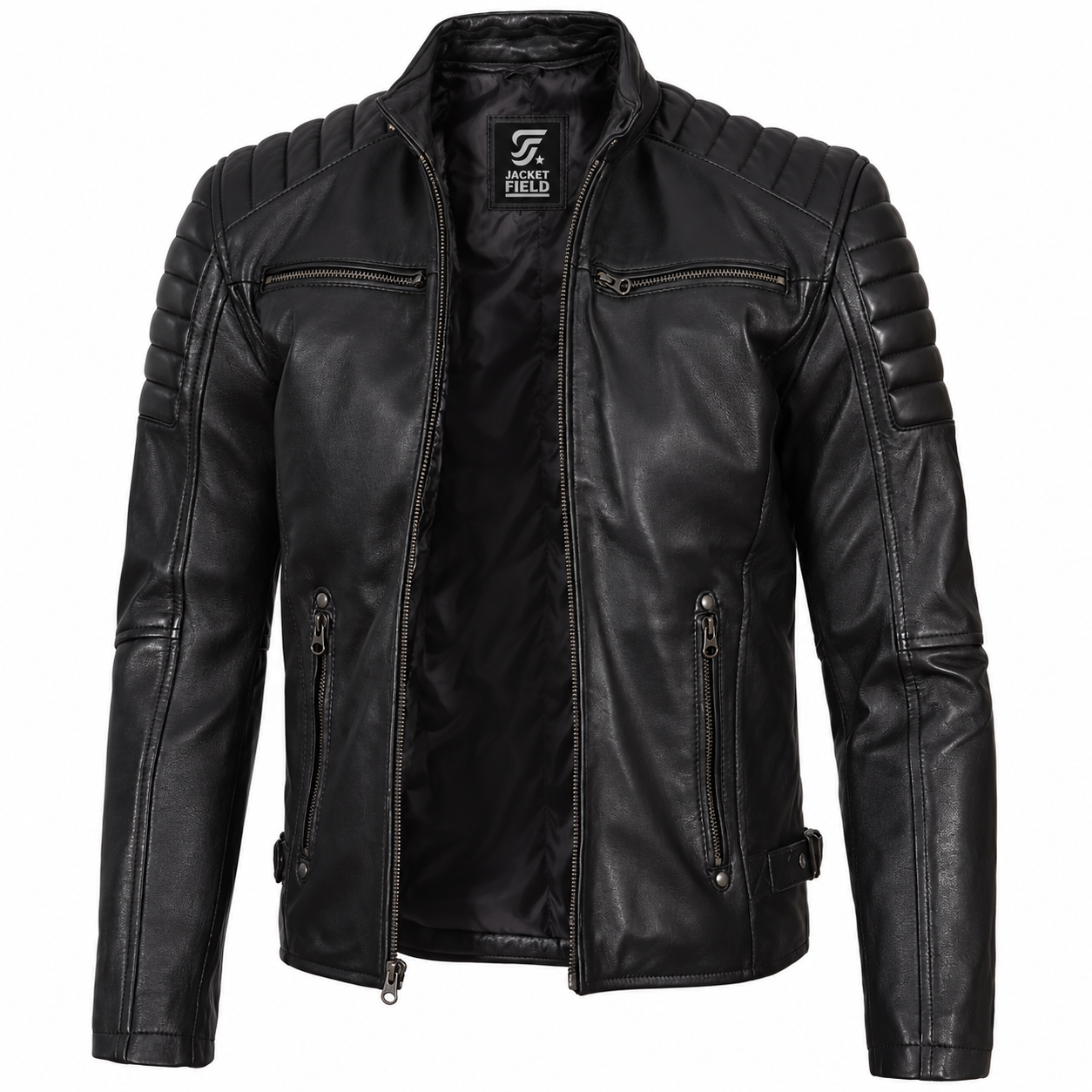 Padded Style Black Cafe Racer Leather Jacket for Men – Real Lambskin