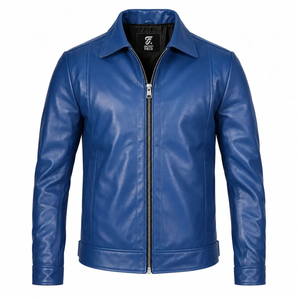 Blue Leather Harrington Jacket for Men