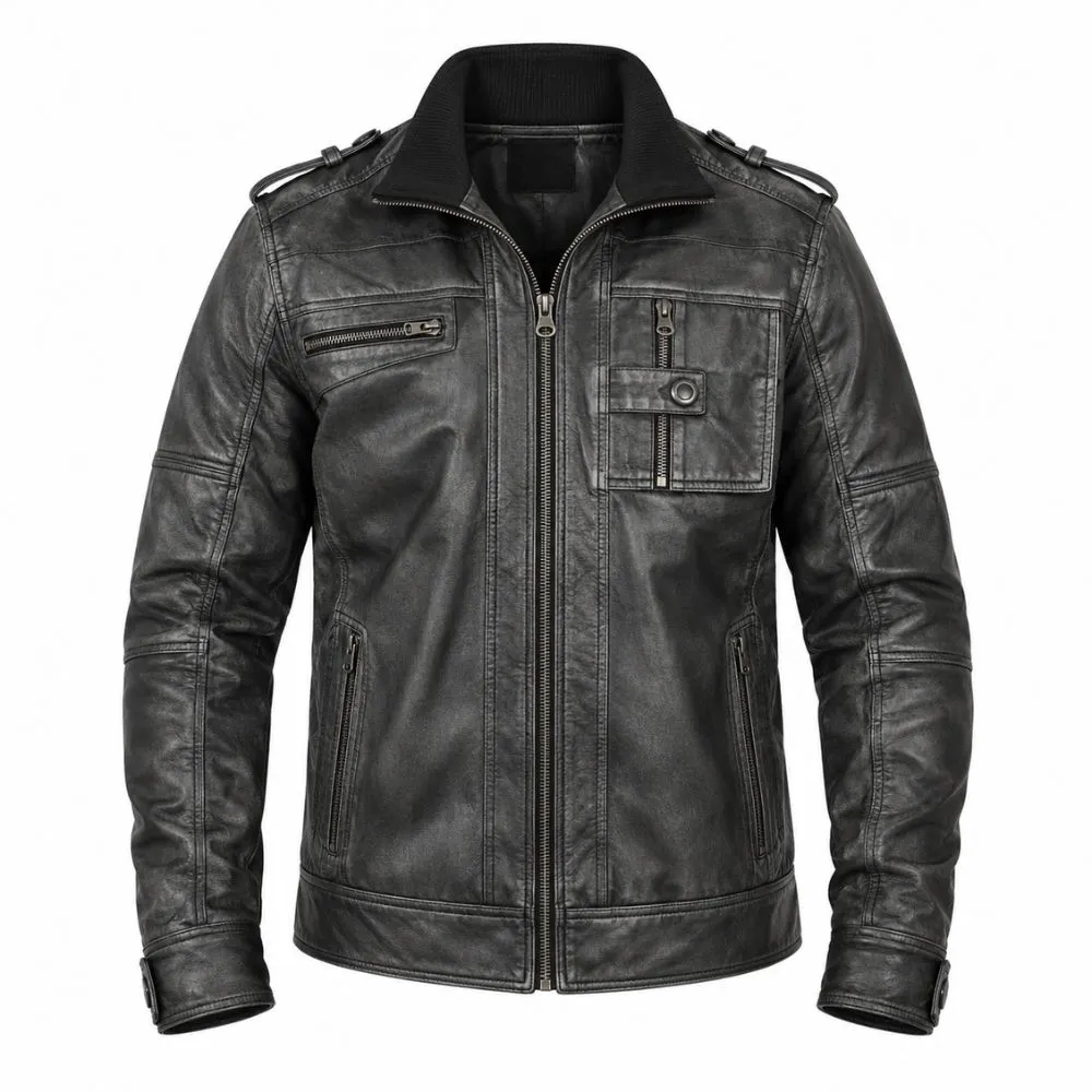 Distressed Black Leather Biker Jacket for Men