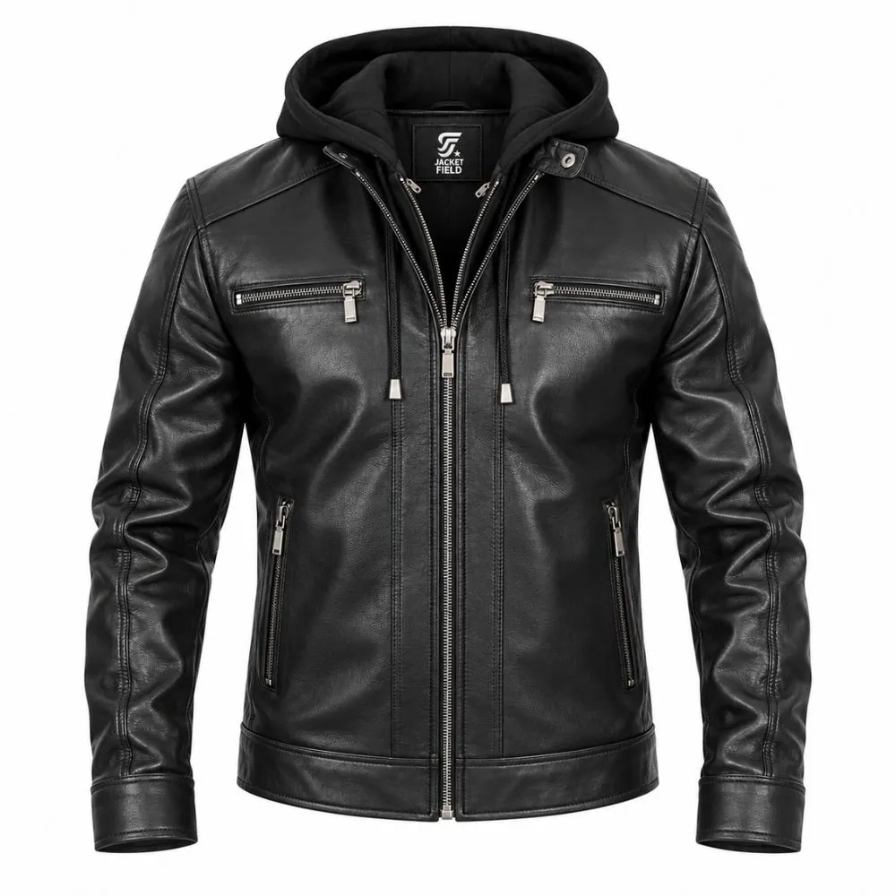 Black Removable Hooded Leather Racer Jacket for Men