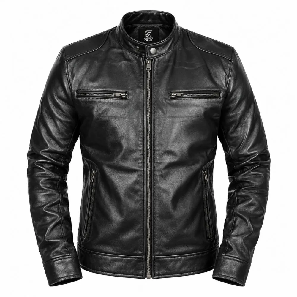 Dodge Tall Men’s Black Cafe Racer Leather Jacket – Real Lambskin