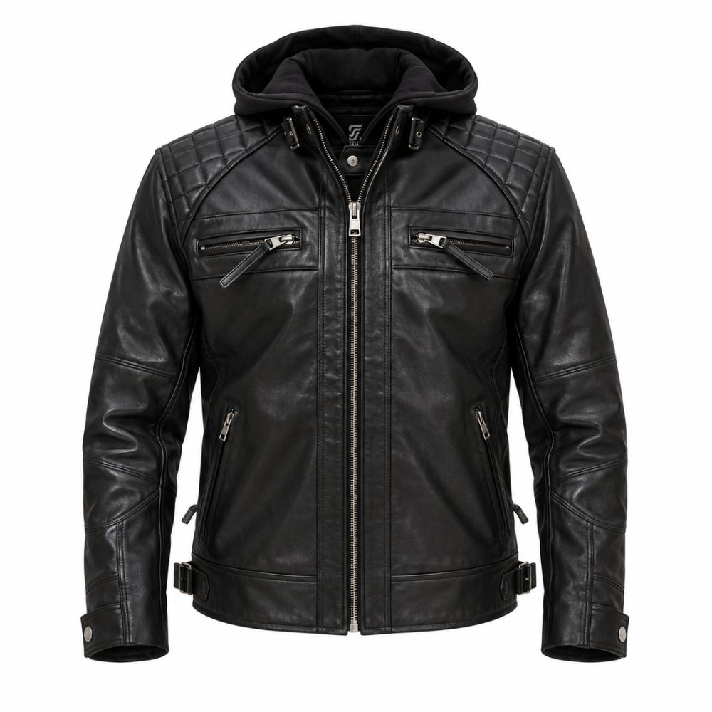 Men’s Black Cafe Racer Leather Jacket with Removable Hood