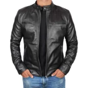 Tall Men’s Black Cafe Racer Leather Jacket – Real Lambskin Moto Style