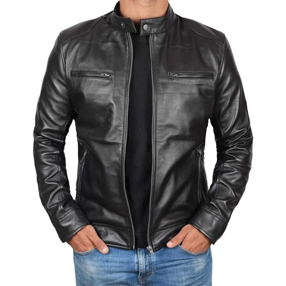 Tall Men’s Black Cafe Racer Leather Jacket – Real Lambskin Moto Style