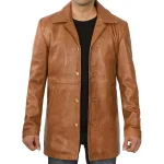 Tall Men’s Leather Camel Brown Car Coat – Front View 3/4 Length