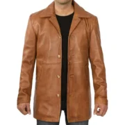 Tall Men’s Leather Camel Brown Car Coat – Front View 3/4 Length