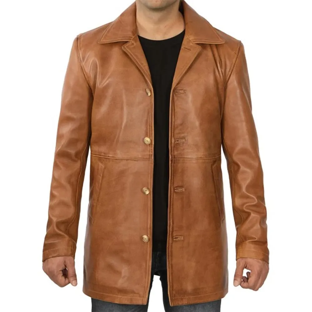 Tall Men’s Leather Camel Brown Car Coat – Front View 3/4 Length