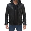 Men’s black cafe racer leather jacket with removable hood, real lambskin, front view