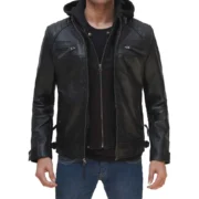 Men’s black cafe racer leather jacket with removable hood, real lambskin, front view