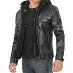 Black Removable Hooded Leather Racer Jacket for Men - Image 4