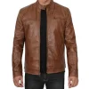 Men’s Chocolate Brown Cafe Racer Leather Jacket – Front View Real Lambskin