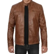 Men’s Chocolate Brown Cafe Racer Leather Jacket – Front View Real Lambskin