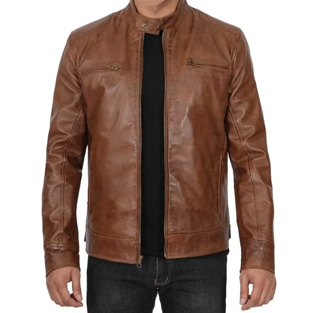 Men’s Chocolate Brown Cafe Racer Leather Jacket – Front View Real Lambskin