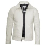 Men’s Off White Leather Harrington Jacket – Front View