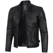 Premium black cafe racer leather jacket for men with padded shoulders – real lambskin, zip-up front by Jacket Field