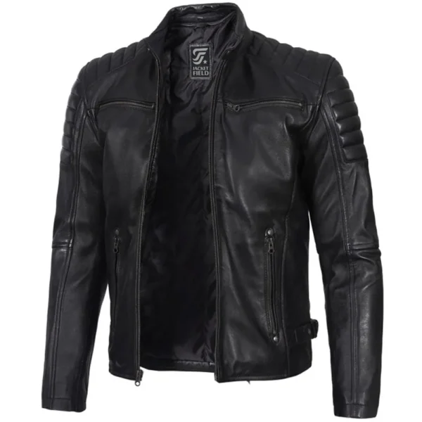 Premium black cafe racer leather jacket for men with padded shoulders – real lambskin, zip-up front by Jacket Field