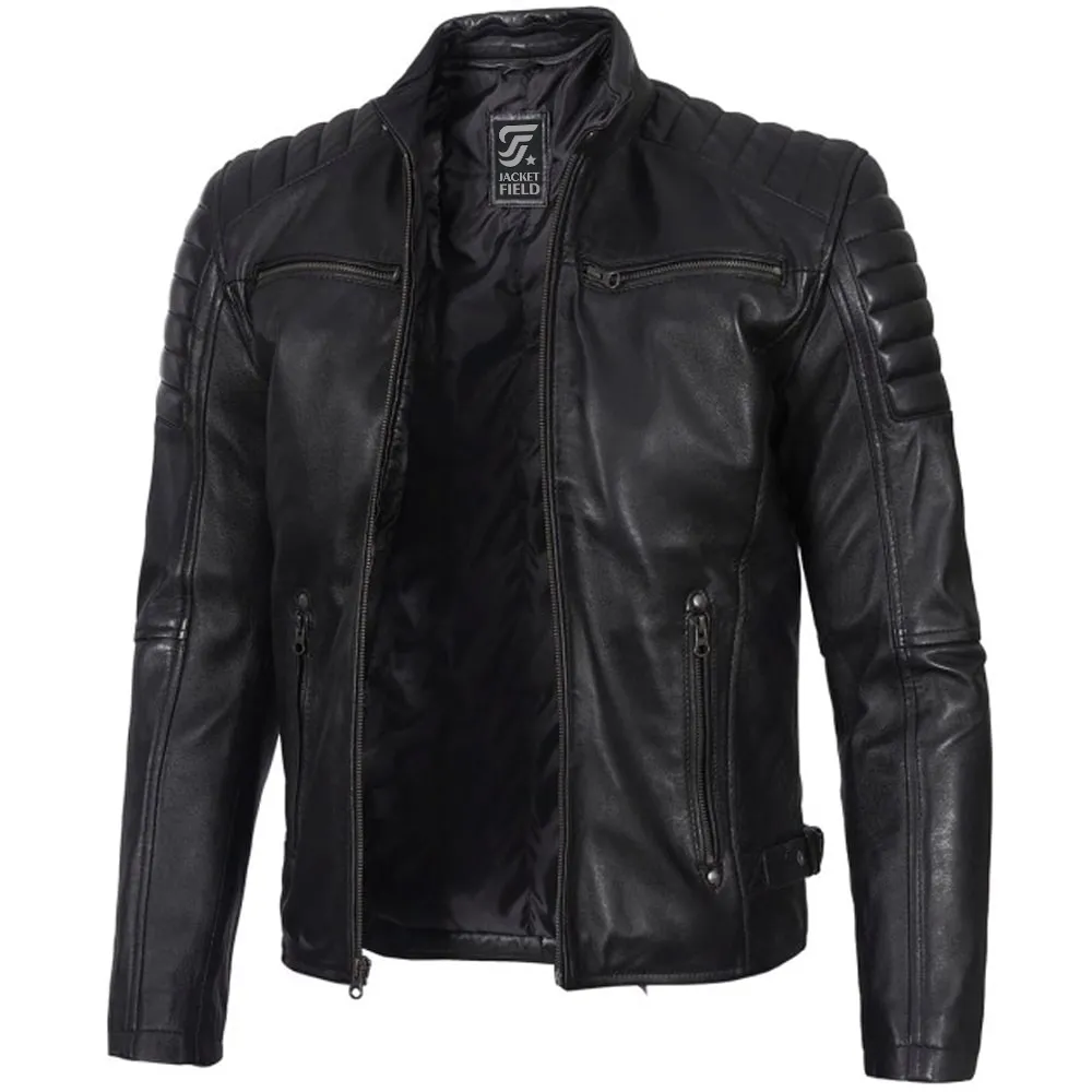 Premium black cafe racer leather jacket for men with padded shoulders – real lambskin, zip-up front by Jacket Field