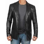 Tall Men’s Black Leather Blazer Jacket – Real Lambskin Front View