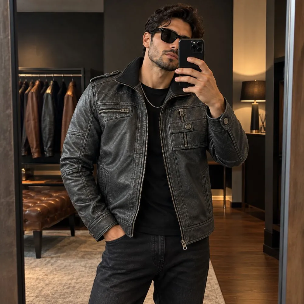 Distressed Black Leather Biker Jacket for Men