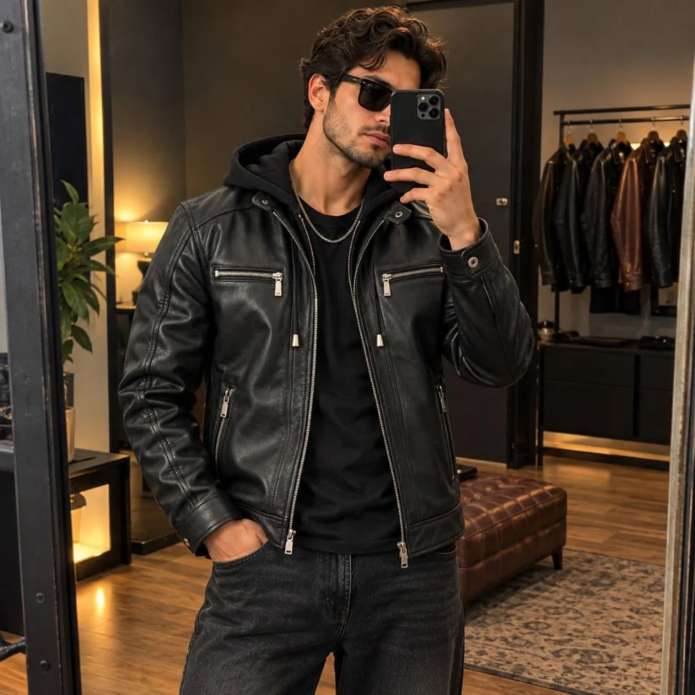 Black Removable Hooded Leather Racer Jacket for Men