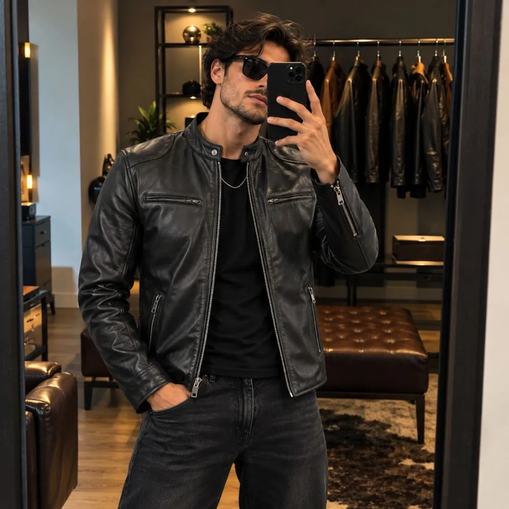 Dodge Tall Men’s Black Cafe Racer Leather Jacket – Real Lambskin