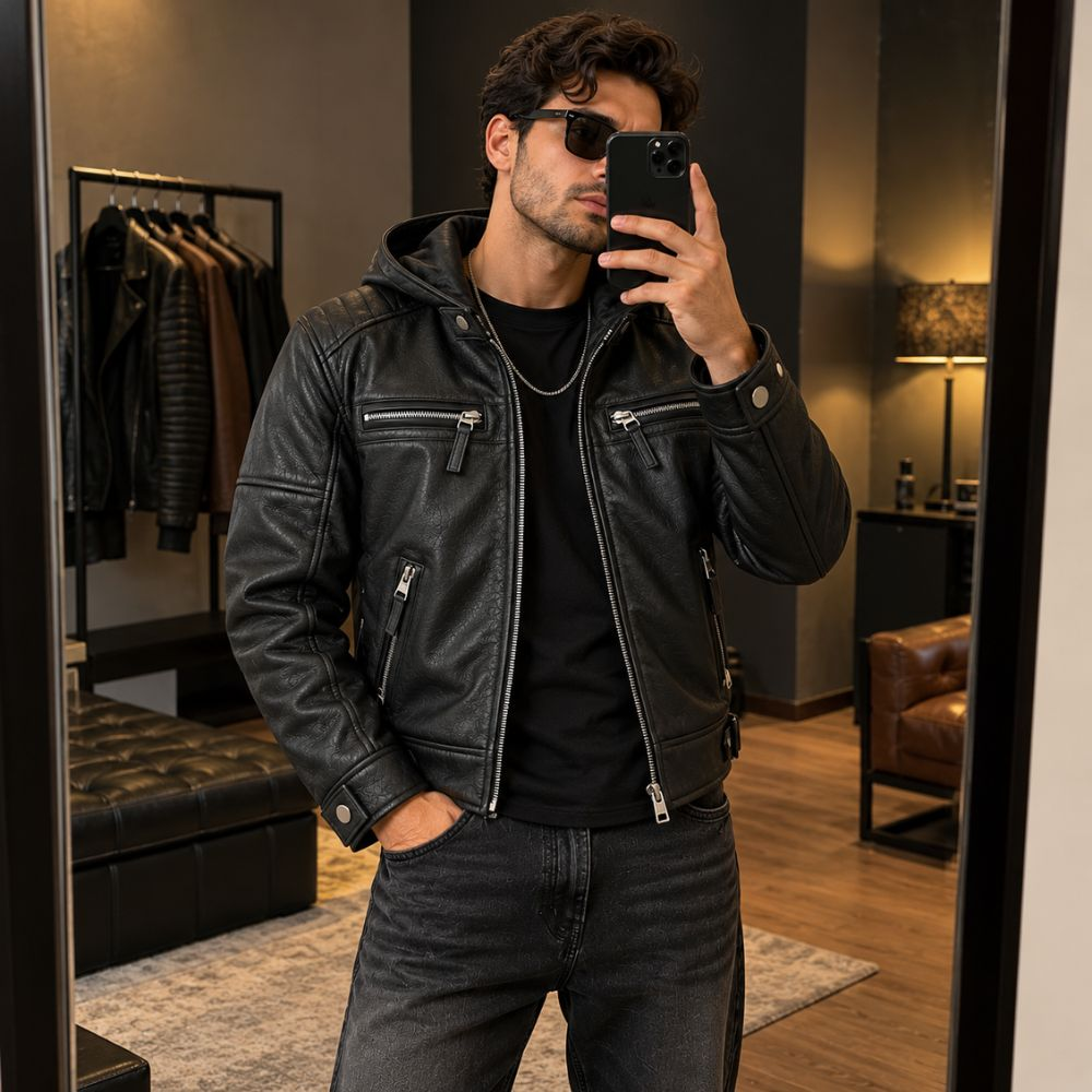 Men’s Black Cafe Racer Leather Jacket with Removable Hood