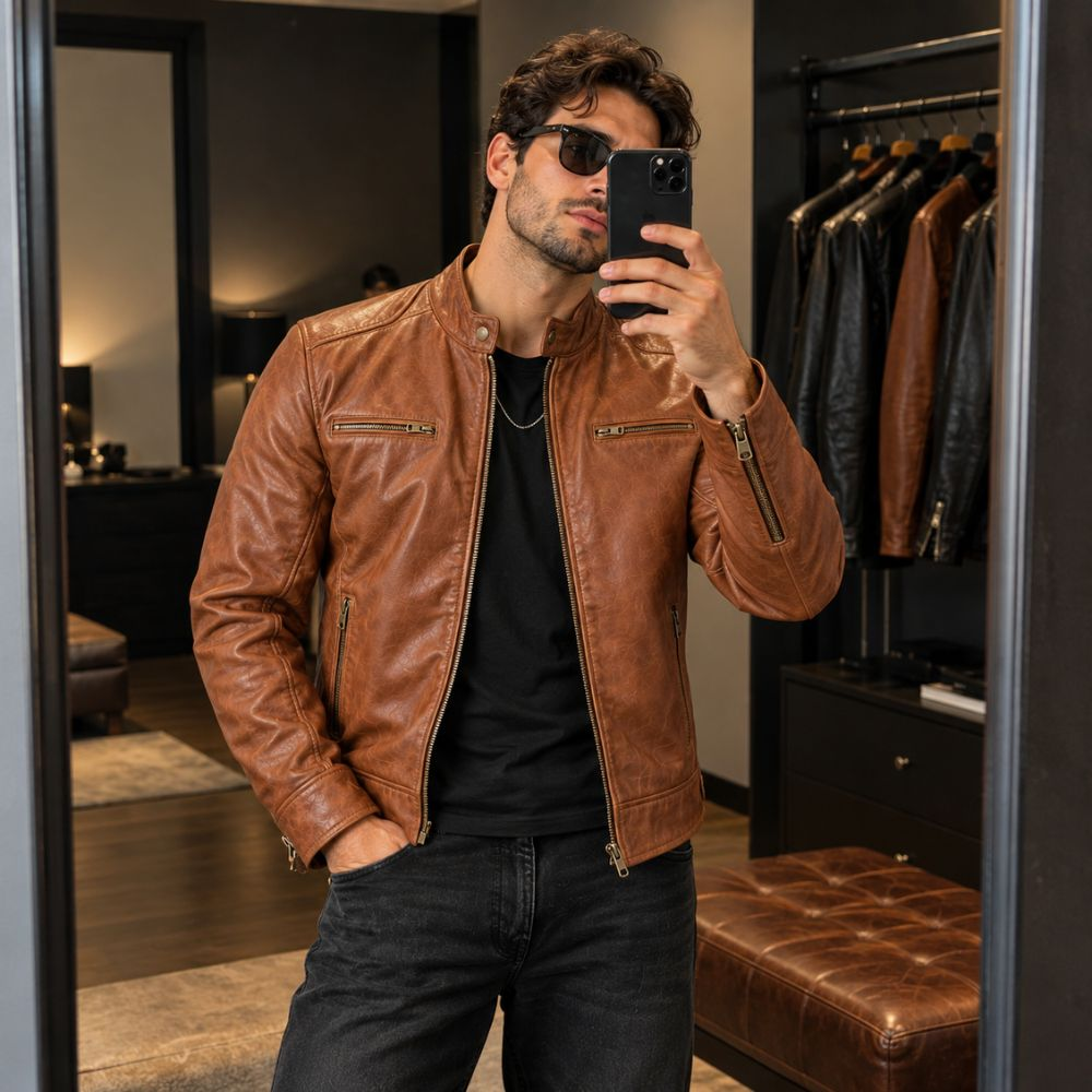 Men’s Chocolate Brown Cafe Racer Leather Jacket