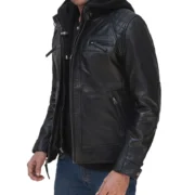 Men’s Black Cafe Racer Leather Jacket with Removable Hood - Image 5