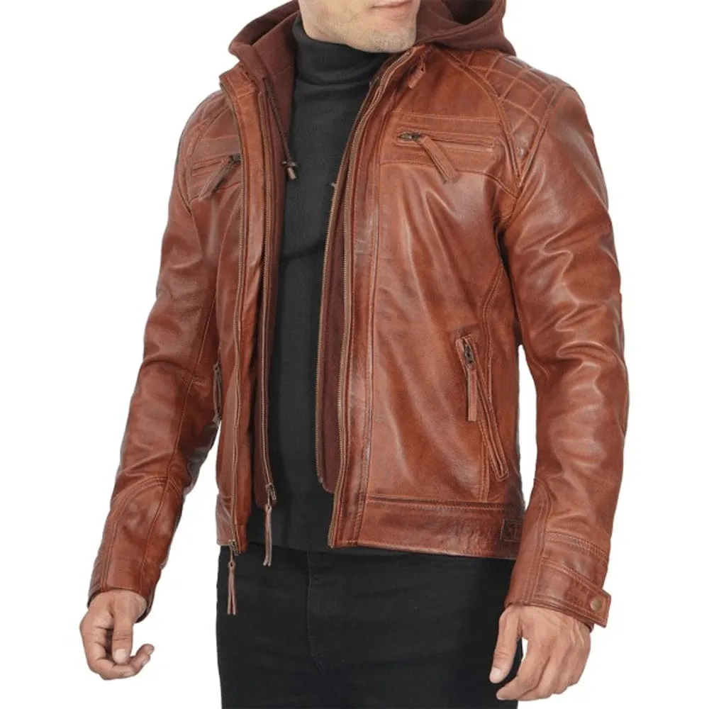 Men’s Quilted Leather Jacket with Detachable Hood – Front view showcasing premium lambskin leather and modern quilted design.