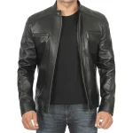 Black Removable Hooded Leather Racer Jacket for Men - Image 7