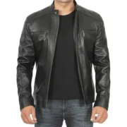 Black Removable Hooded Leather Racer Jacket for Men - Image 7