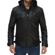 Men’s Black Cafe Racer Leather Jacket with Removable Hood - Image 3